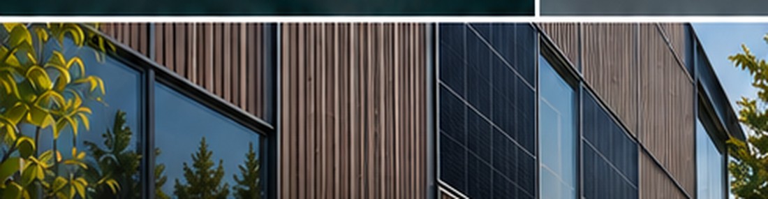 Architectural facade combining narrow wood-look slats and photovoltaic glass